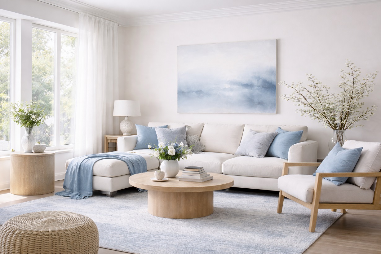 stwórz aranżacje, grafikę wnętrza wykożystujący biel cloud dencer i eteryczne błekity